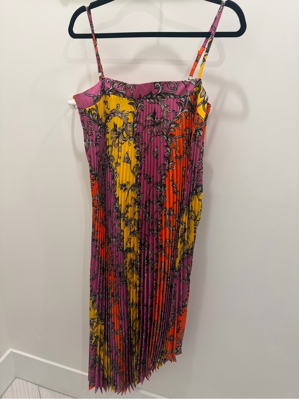 Milly Pink, Yellow & Orange Pleated Midi Dress with Scroll Print